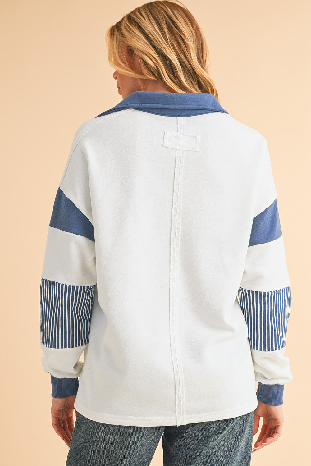 Sail Blue Striped Patchwork Collar Sweatshirt-Sweatshirts & Hoodies-[Adult]-[Female]-2022 Online Blue Zone Planet