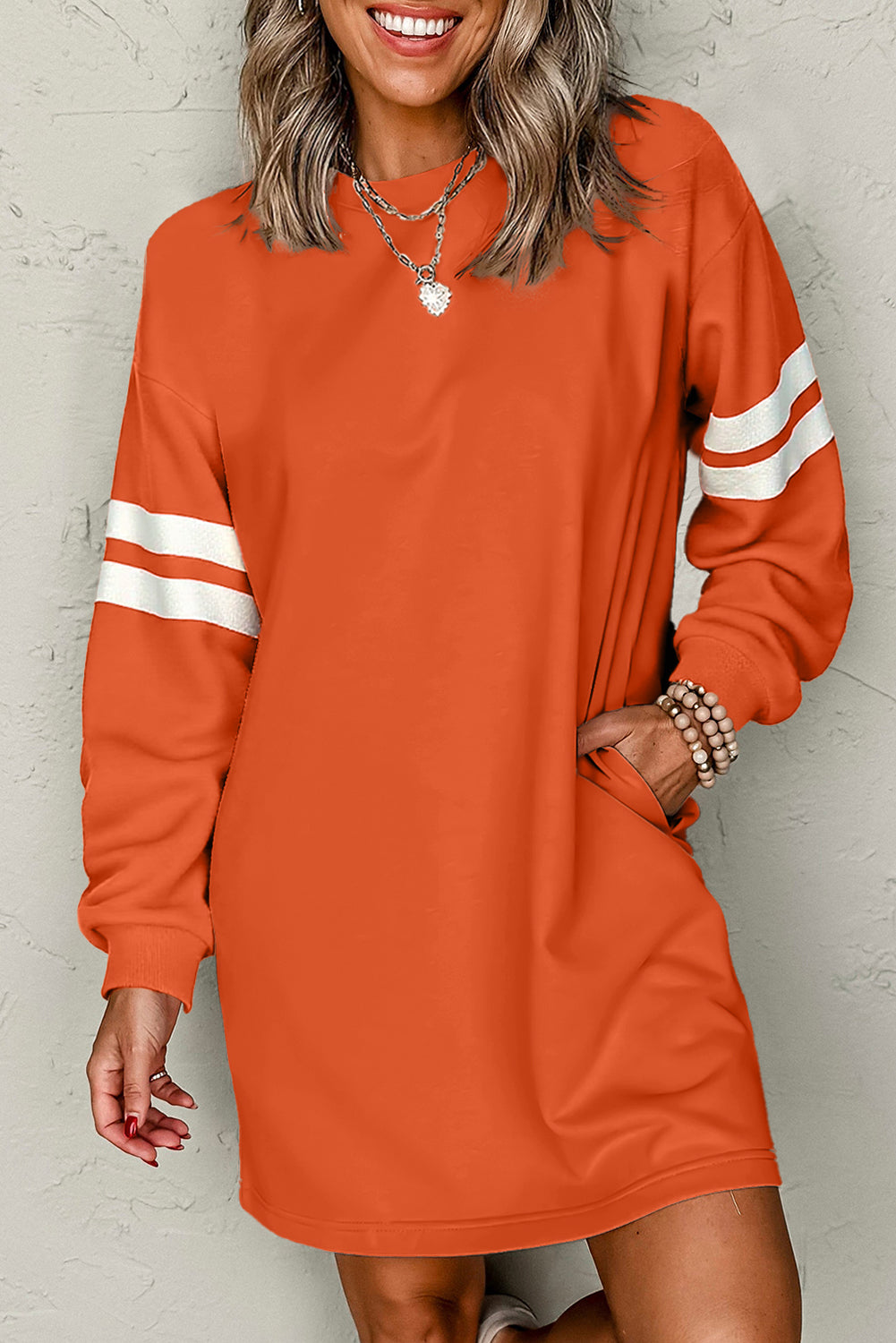 Orange Varsity Contrast Banded Sleeve Shift Sweatshirt Dress-TOPS / DRESSES-[Adult]-[Female]-2022 Online Blue Zone Planet