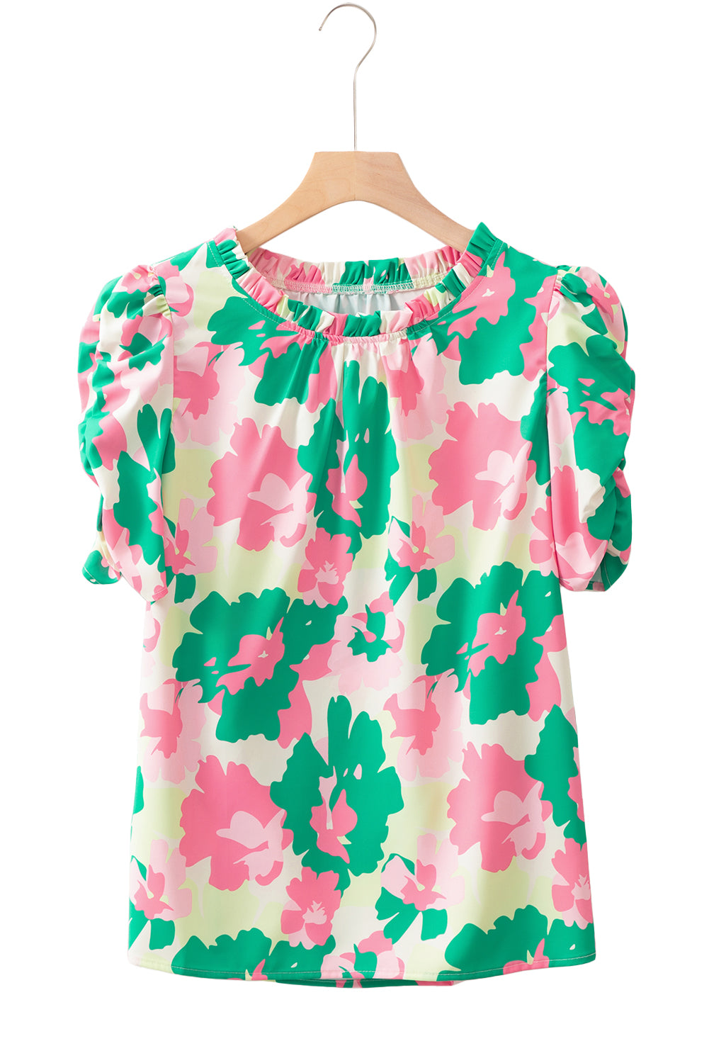 Green Abstract Print Frilly Neck Ruched Short Sleeve Blouse-Tops/Blouses & Shirts-[Adult]-[Female]-2022 Online Blue Zone Planet