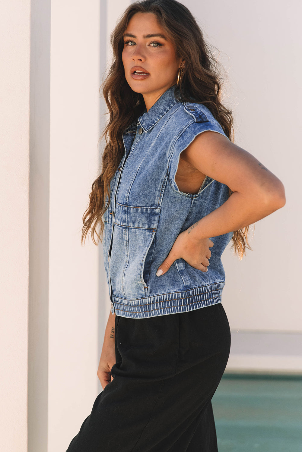 Ashleigh Blue Acid Wash Elastic Hem Button Up Denim Vest-Outerwear/Vests-[Adult]-[Female]-2022 Online Blue Zone Planet