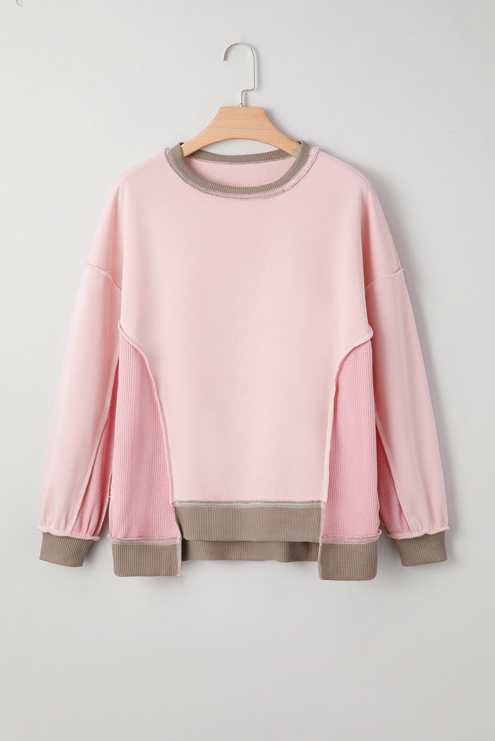 Light Pink Color Block Mix Texture Waffle Patchwork Oversize Sweatshirt-Tops/Sweatshirts & Hoodies-[Adult]-[Female]-2022 Online Blue Zone Planet