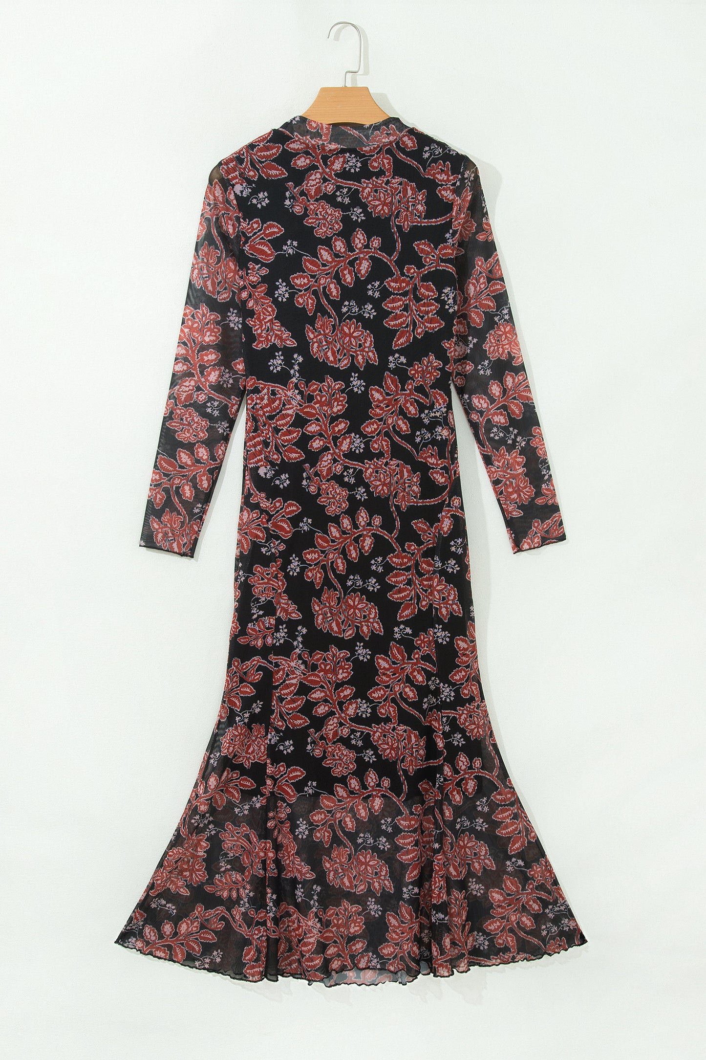 Black Retro Floral Print Long Sleeve Casual Mesh Dress-Dresses/Maxi Dresses-[Adult]-[Female]-2022 Online Blue Zone Planet