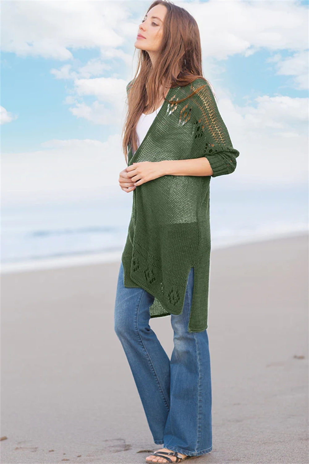 Openwork Side Slit Open Front Long Sleeve Cardigan-TOPS / DRESSES-[Adult]-[Female]-2022 Online Blue Zone Planet