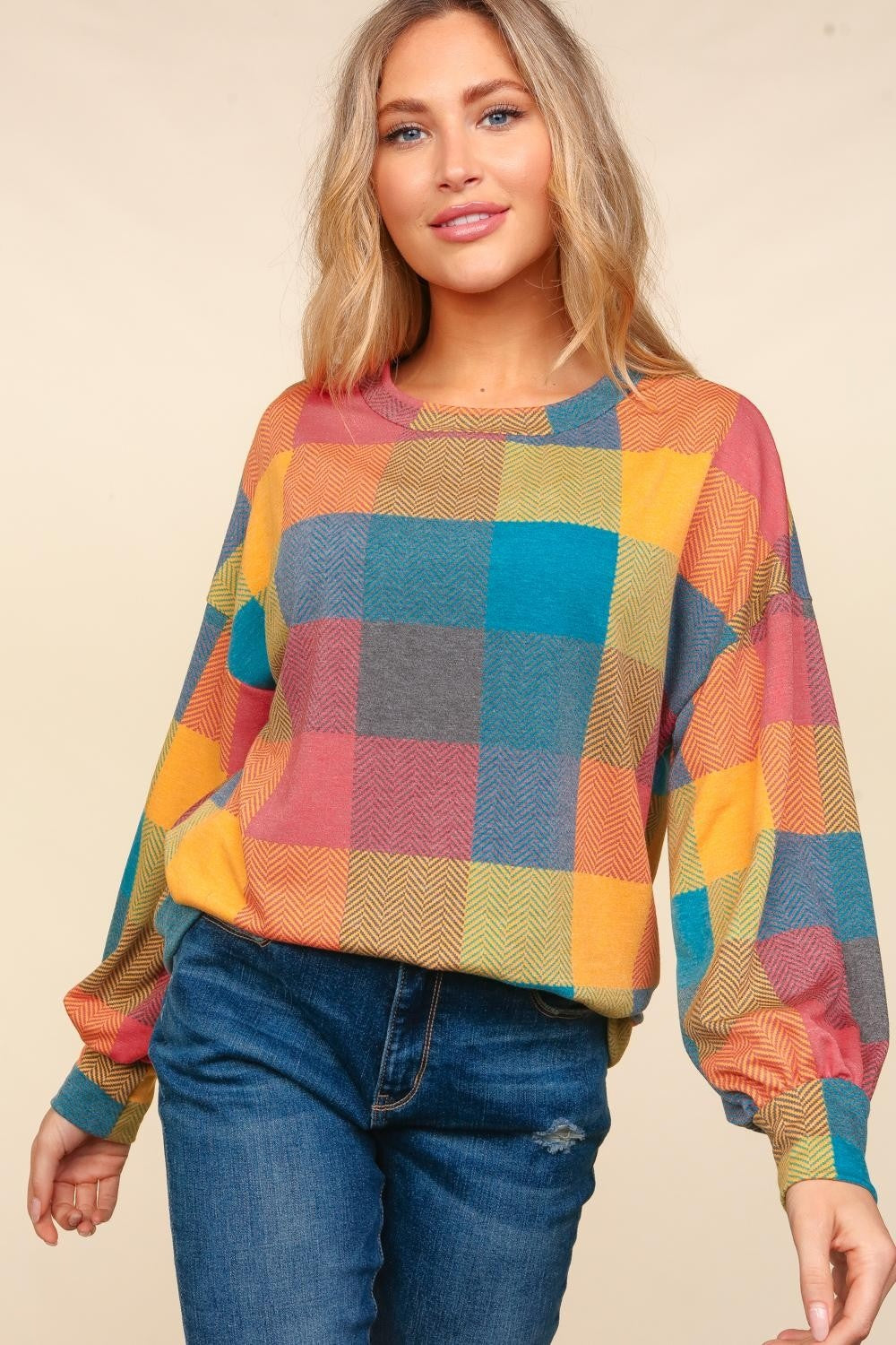 Haptics Contrast Plaid Round Neck Sweater-TOPS / DRESSES-[Adult]-[Female]-Multi-S-2022 Online Blue Zone Planet