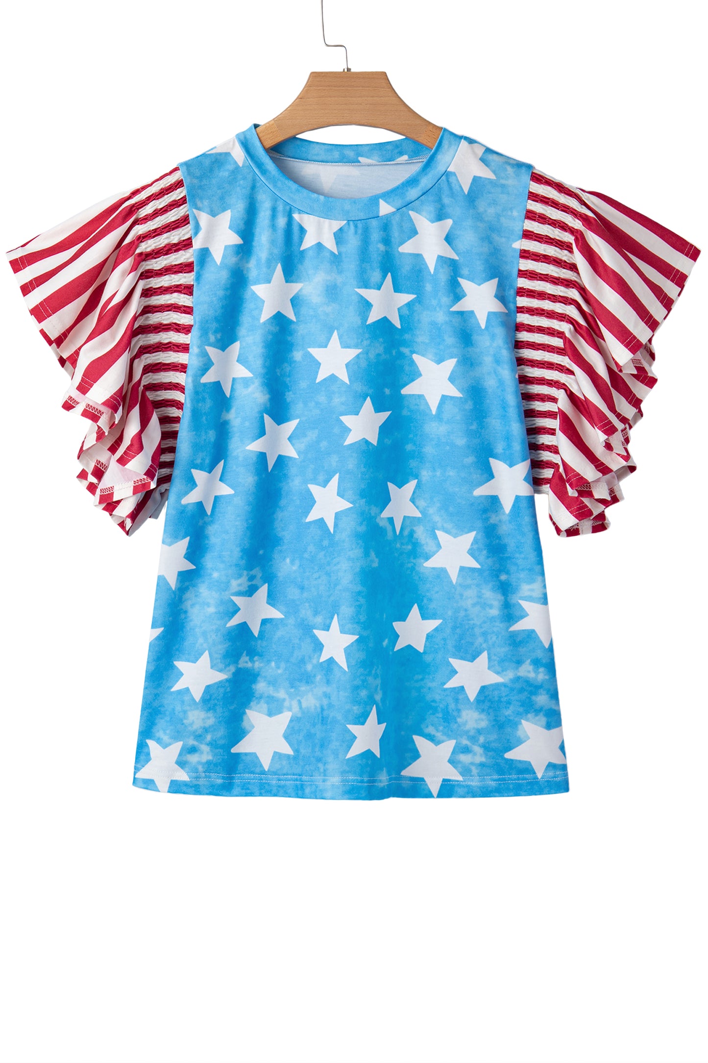 Sky Blue Vintage Star Print Striped Ruffle Sleeve Independence Day Top-Tops/Tops & Tees-[Adult]-[Female]-2022 Online Blue Zone Planet