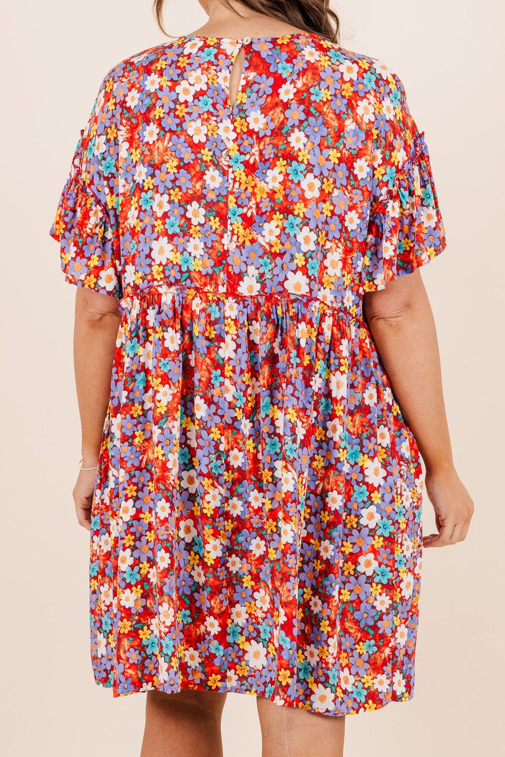 Red Flower Print Frill Waist Plus Size Mini Dress-Plus Size Dresses-[Adult]-[Female]-2022 Online Blue Zone Planet