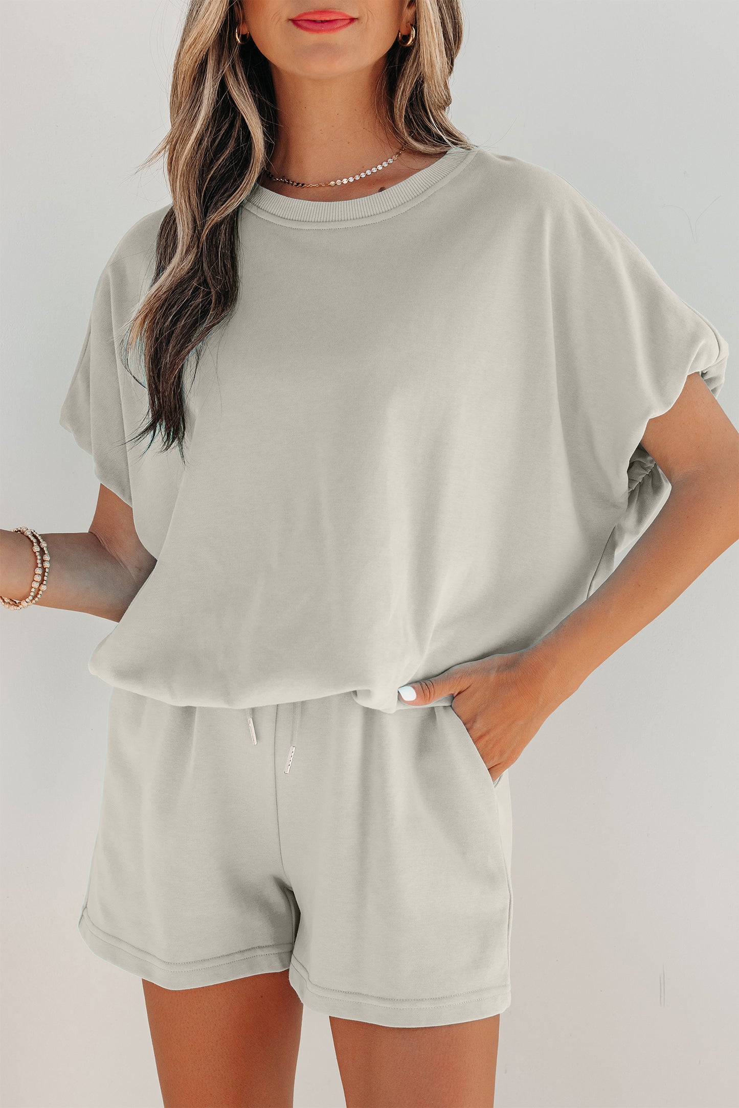 Smoke Gray Solid Color Puffy Loose Top Drawstring Shorts 2pcs Outfit-Two Piece Sets/Short Sets-[Adult]-[Female]-2022 Online Blue Zone Planet