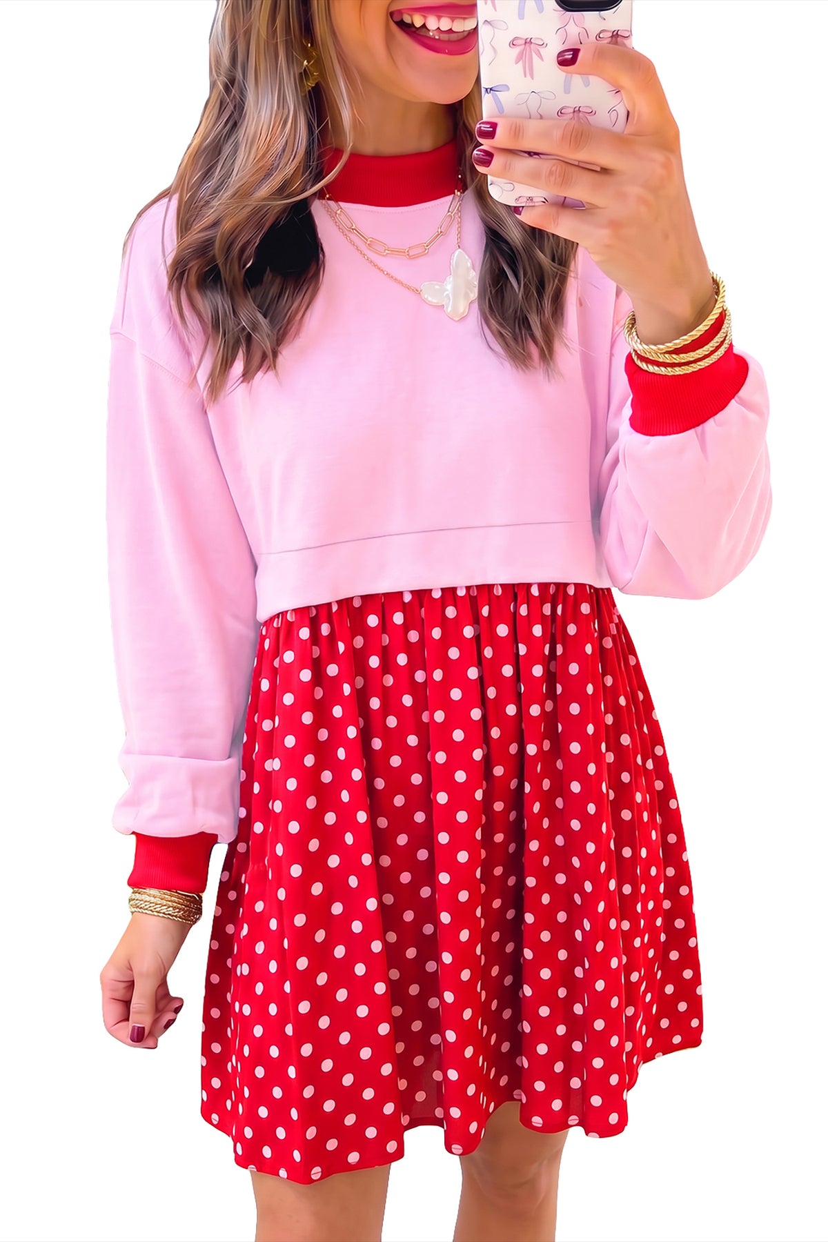 Pink Color Block Long Sleeve Polka Dot Contrast Pleated Mini Dress-Dresses/Mini Dresses-[Adult]-[Female]-2022 Online Blue Zone Planet