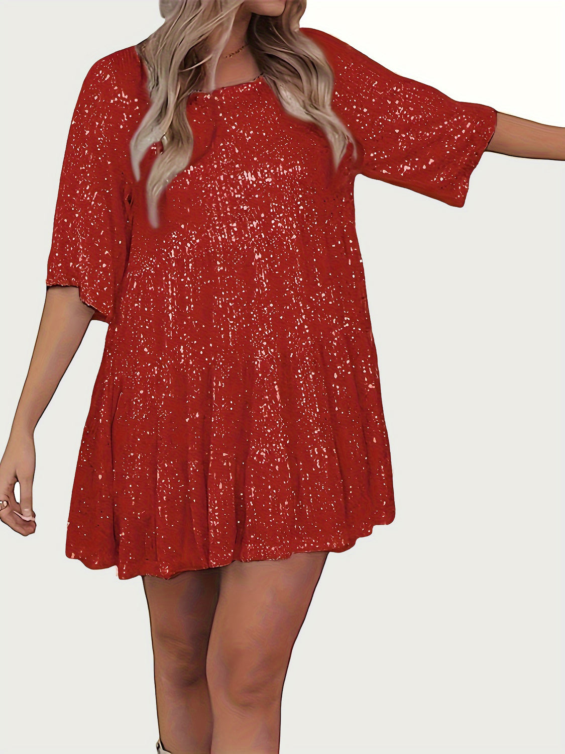 Full Size Sequin Round Neck Half Sleeve Mini Dress-TOPS / DRESSES-[Adult]-[Female]-Deep Red-S-2022 Online Blue Zone Planet