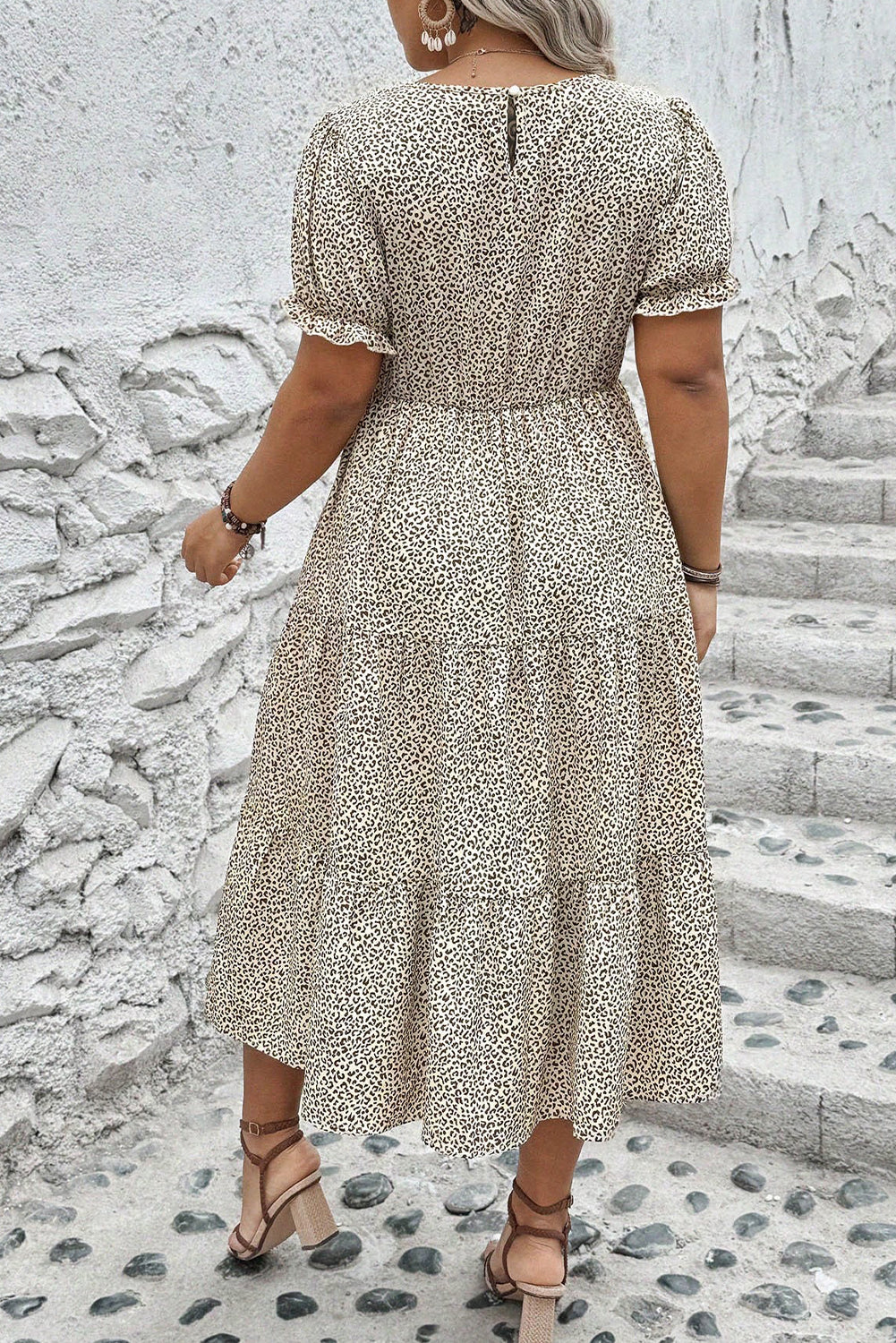 Beige Plus Size Leopard Print Frill Trim Short Sleeve Flared Dress-TOPS / DRESSES-[Adult]-[Female]-2022 Online Blue Zone Planet