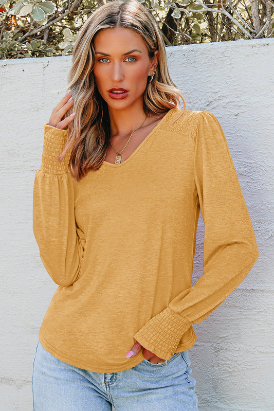 Beige Shirred Shoulder Frilled Cuffs Long Sleeve Top-Tops/Long Sleeve Tops-[Adult]-[Female]-Beige-S-2022 Online Blue Zone Planet