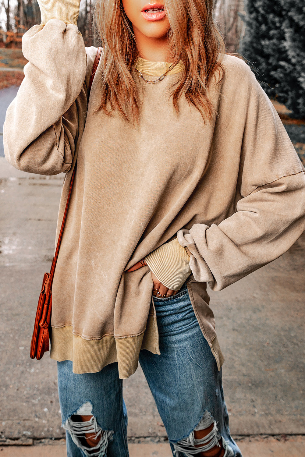 Khaki Drop Shoulder Ribbed Trim Oversized Sweatshirt-Tops/Sweatshirts & Hoodies-[Adult]-[Female]-2022 Online Blue Zone Planet