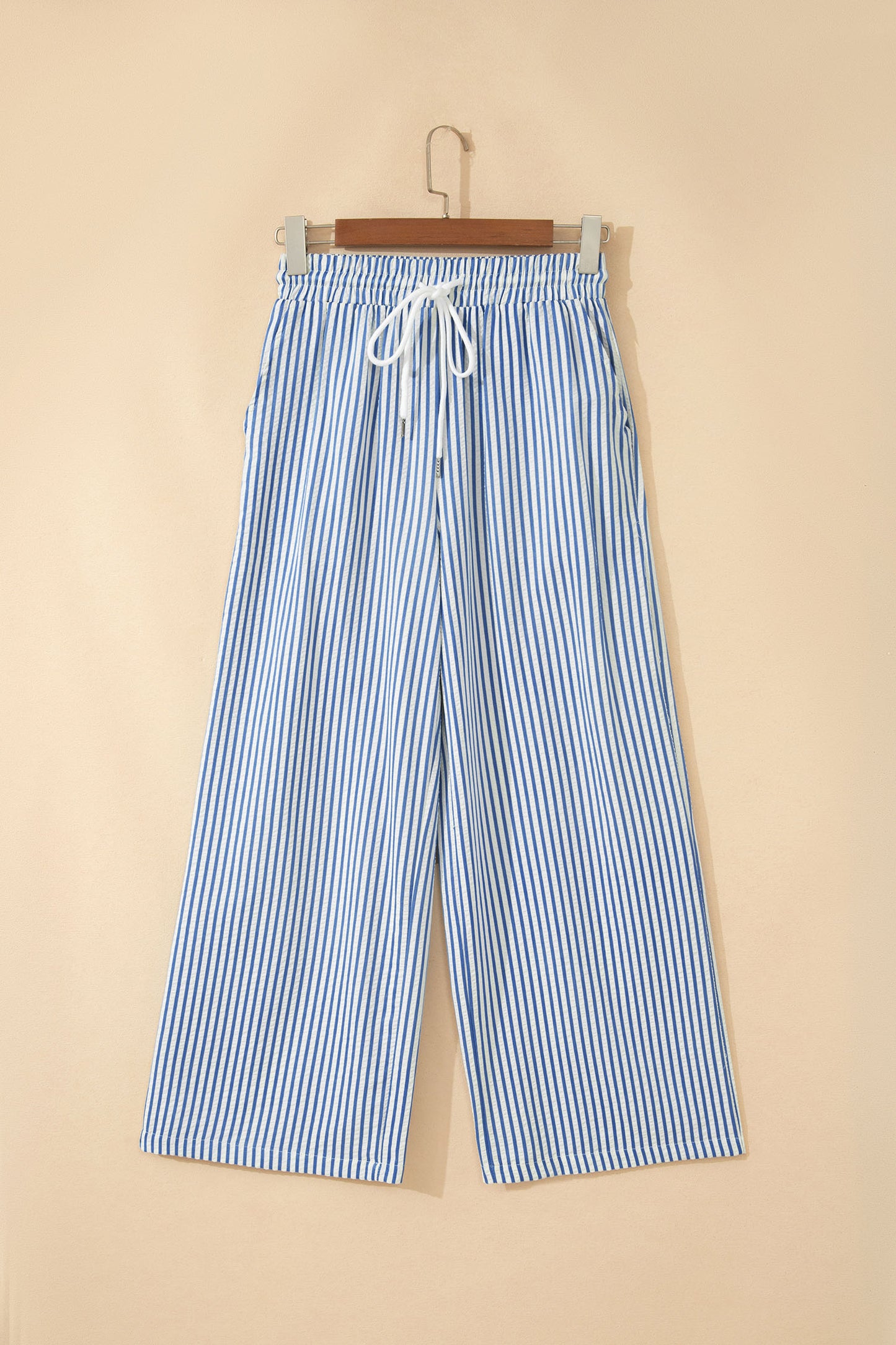 Blue Stripe Drawstring Elastic Waist Ankle Length Shift Pants-Bottoms/Pants & Culotte-[Adult]-[Female]-2022 Online Blue Zone Planet
