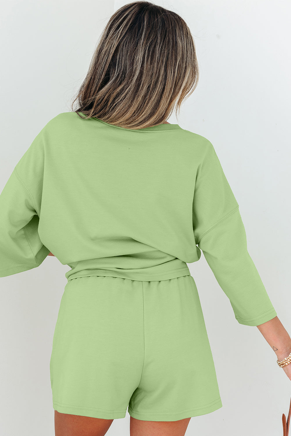 Meadow Mist Green Solid Loose V Neck Half Sleeve Tee and Shorts-Two Piece Sets/Short Sets-[Adult]-[Female]-2022 Online Blue Zone Planet