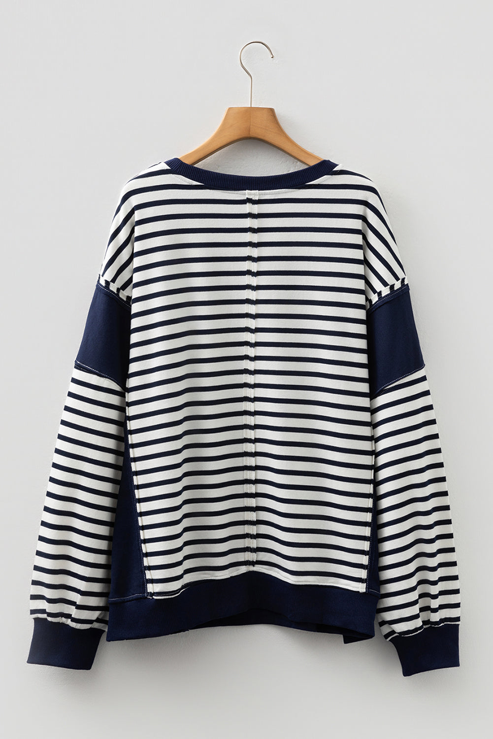 Blue Stripe Contrast Stitched Detail Color Block Patchwork Plus Size Sweatshirt-Plus Size/Plus Size Sweatshirts & Hoodies-[Adult]-[Female]-2022 Online Blue Zone Planet