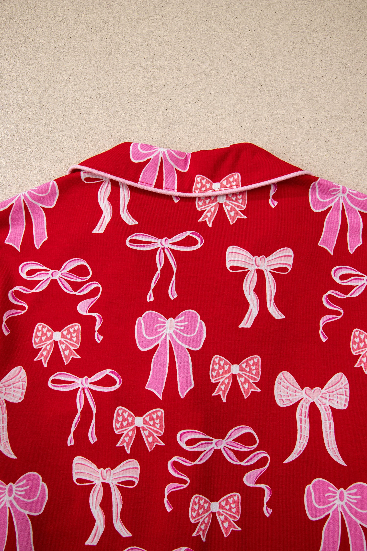 Red Sweet Bow Print Shirt Style Top Long 2pcs Pajama Set-Loungewear & Sleepwear/Sleepwear-[Adult]-[Female]-2022 Online Blue Zone Planet