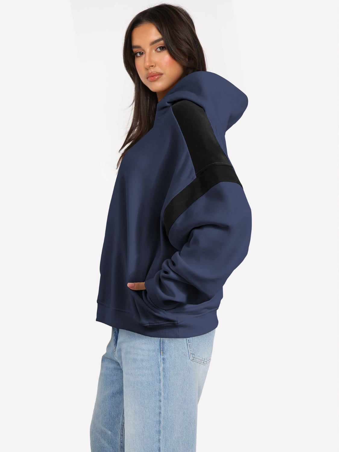 Contrast Dropped Shoulder Long Sleeve Hoodie-TOPS / DRESSES-[Adult]-[Female]-2022 Online Blue Zone Planet