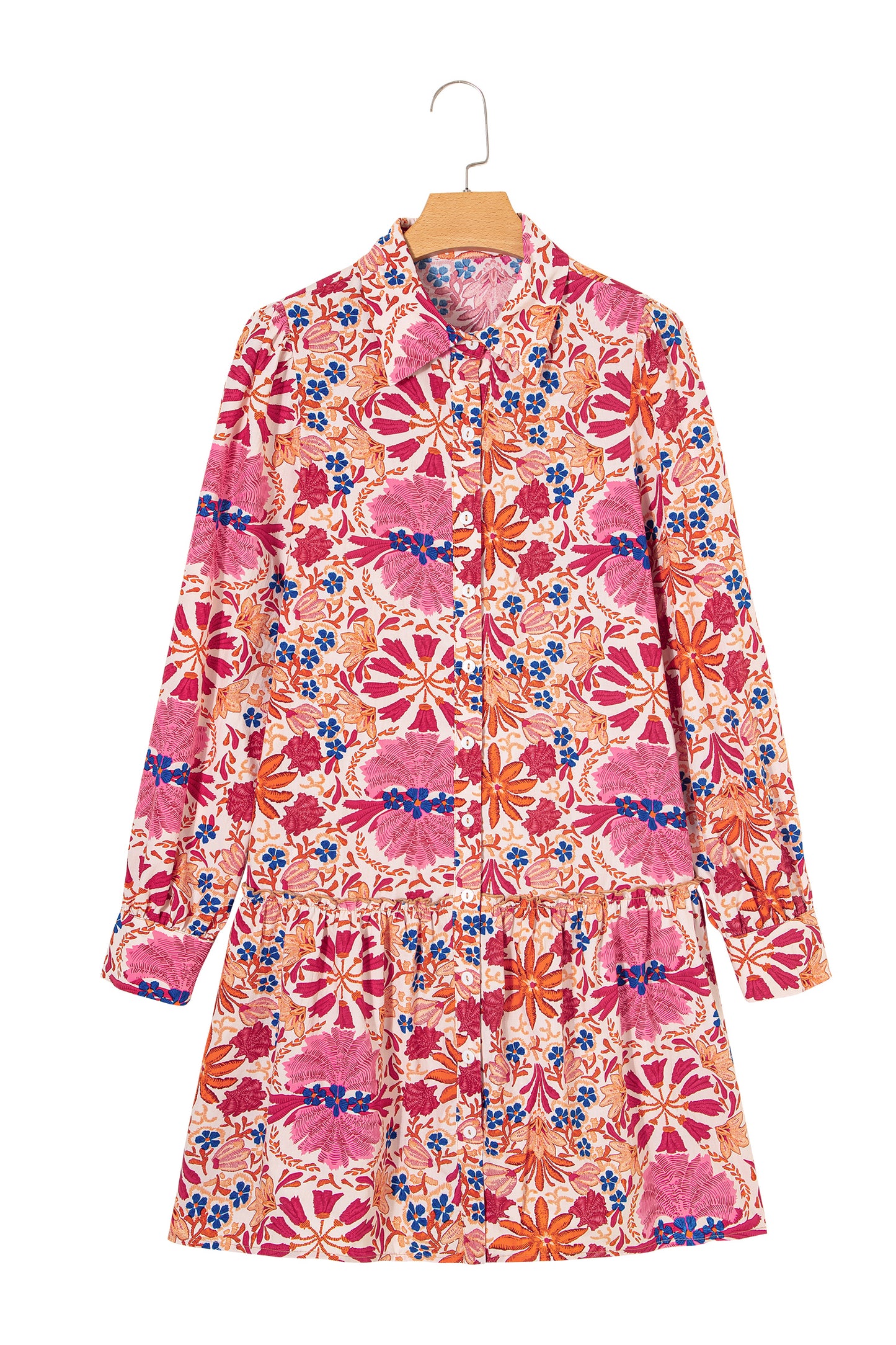 Red Fall Flower Print Long Sleeve Mini Dress-Dresses/Mini Dresses-[Adult]-[Female]-2022 Online Blue Zone Planet