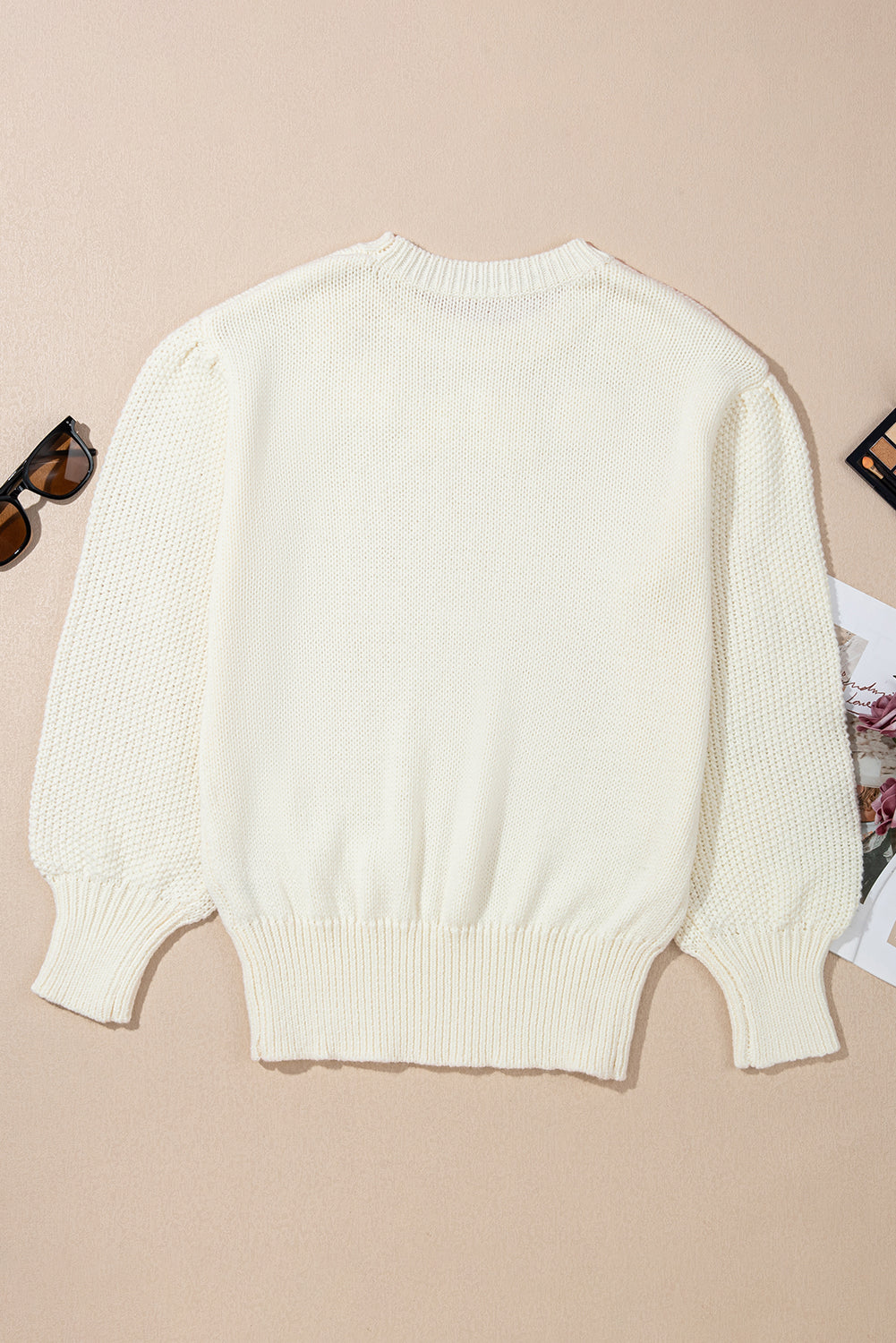 White Flower Detail Round Neck Contrast Textured Puff Sleeve Sweater-TOPS / DRESSES-[Adult]-[Female]-2022 Online Blue Zone Planet