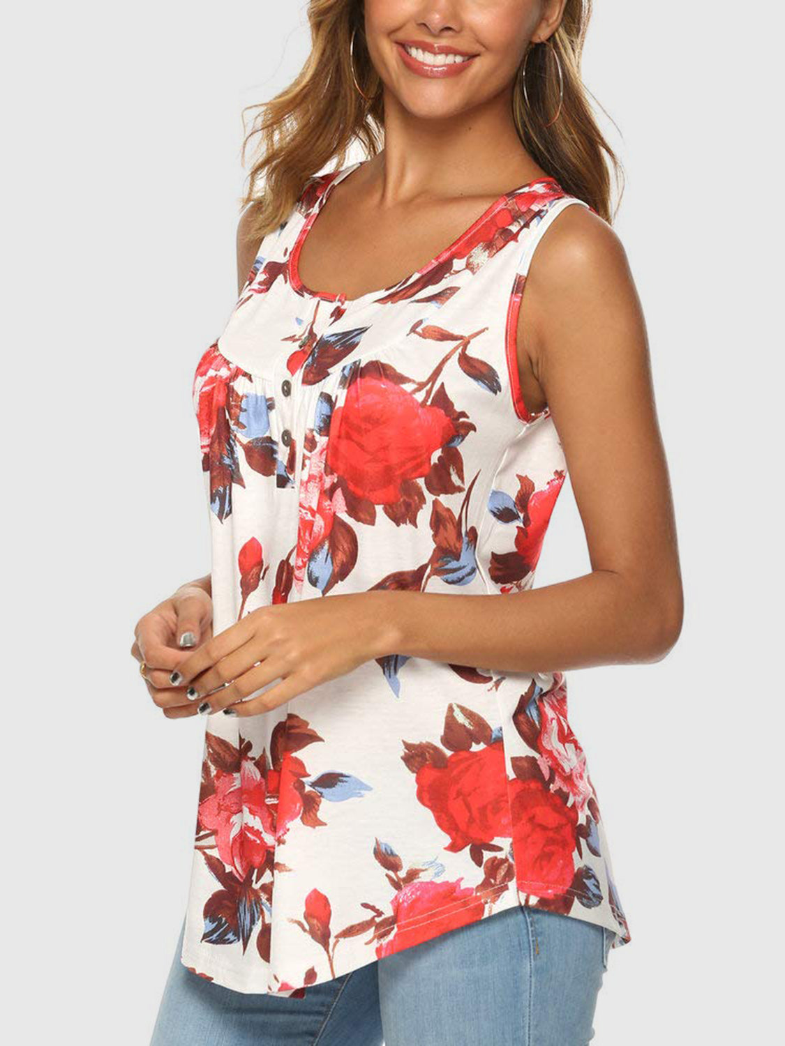 Flower Printed Round Neck Tank-TOPS / DRESSES-[Adult]-[Female]-2022 Online Blue Zone Planet