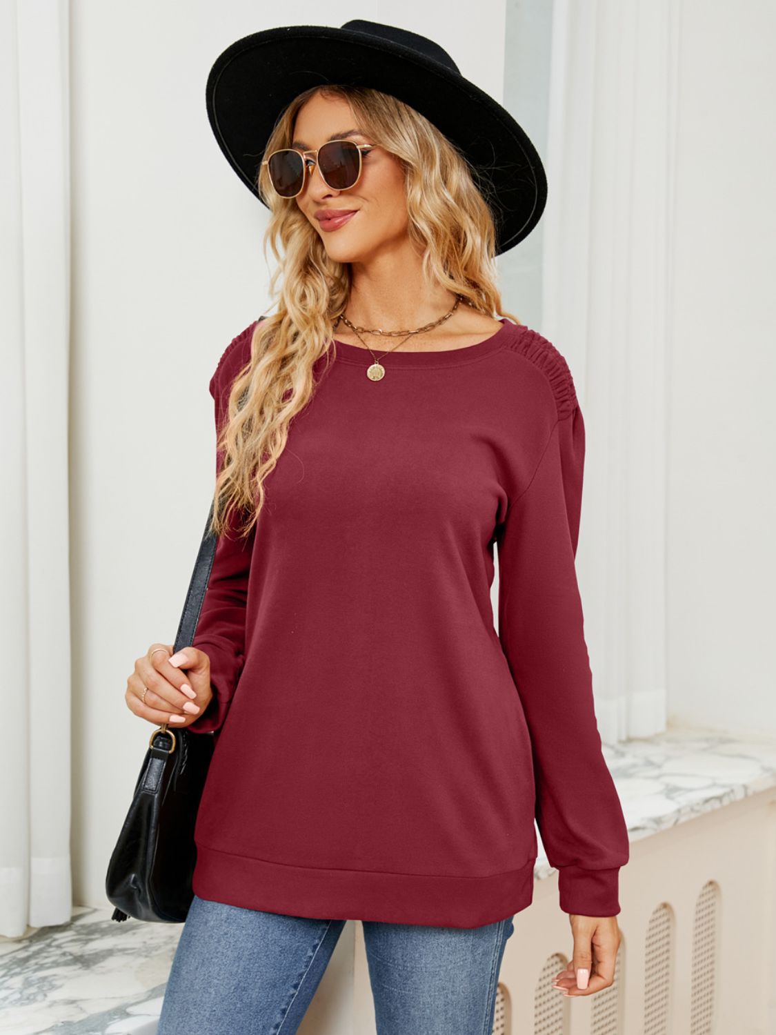 Ruched Shoulder Round Neck Long Sleeve Sweatshirt-TOPS / DRESSES-[Adult]-[Female]-2022 Online Blue Zone Planet