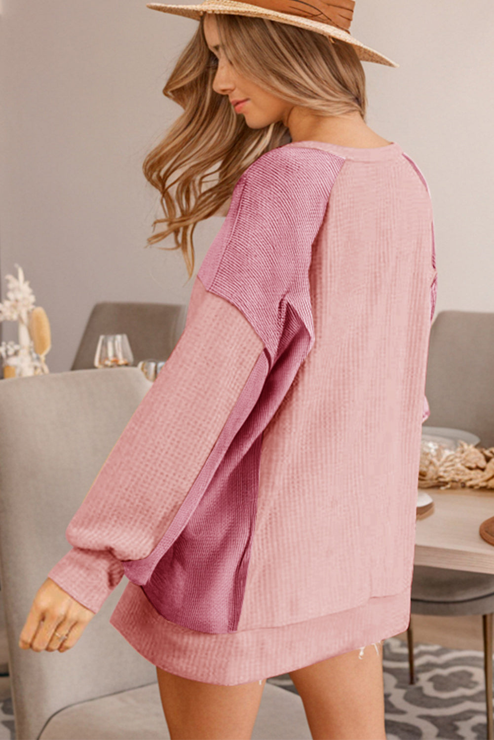 Apricot Pink Color Block Waffle High Low Raglan Sleeve Sweatshirt-Tops/Sweatshirts & Hoodies-[Adult]-[Female]-2022 Online Blue Zone Planet