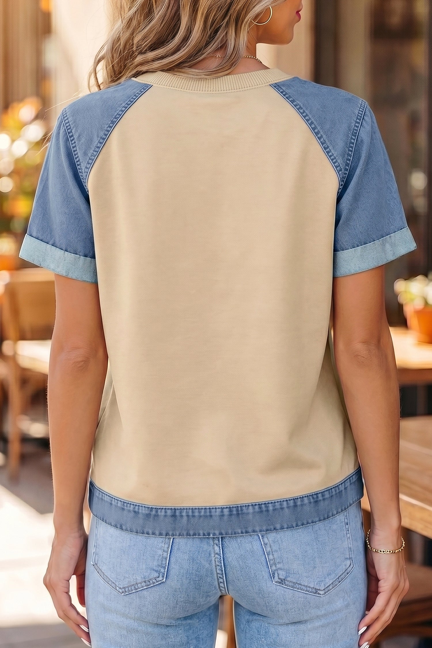 Beige Denim Color Block Patchwork Round Neck Tee-Tops/Tops & Tees-[Adult]-[Female]-2022 Online Blue Zone Planet