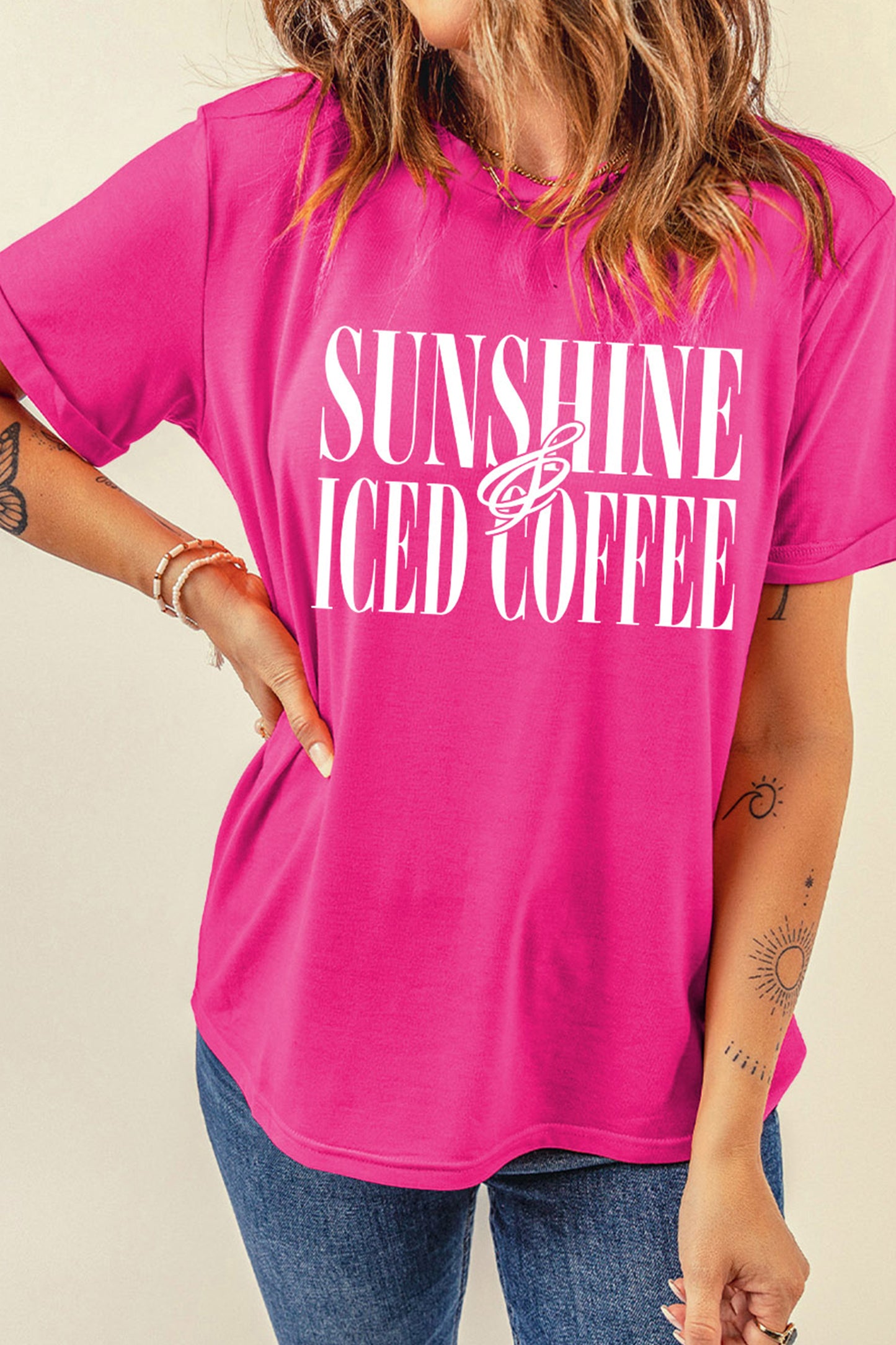 Rose Red Sunshine Iced Coffee Casual Summer T Shirt-Graphic/Graphic Tees-[Adult]-[Female]-2022 Online Blue Zone Planet