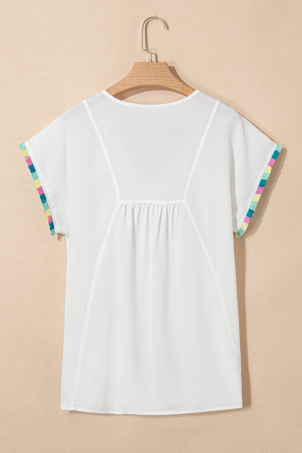 White Colorful Fringed Detail Tassel Tie Neck Short Sleeve Blouse-Tops/Blouses & Shirts-[Adult]-[Female]-2022 Online Blue Zone Planet