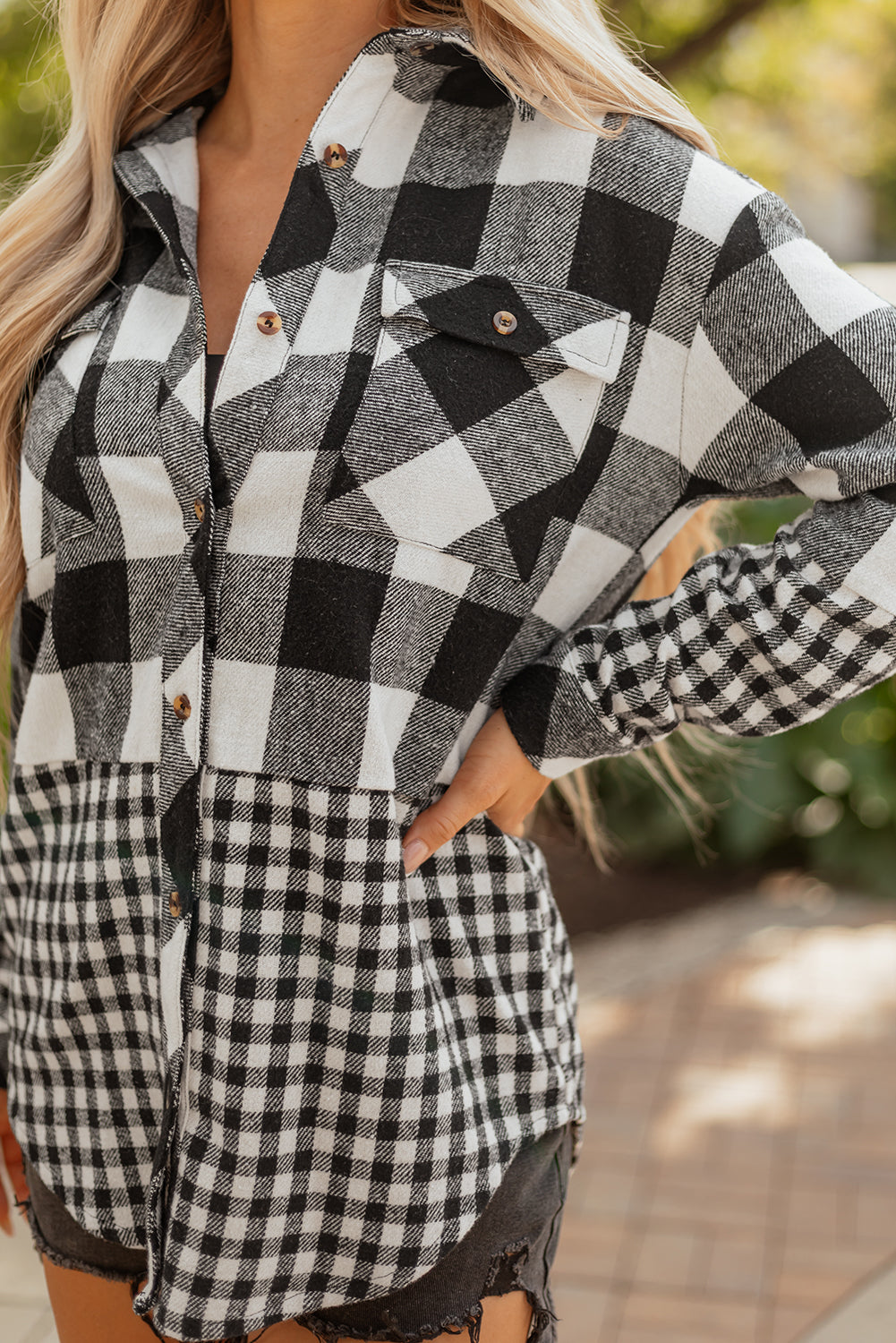 Black Double Plaid Patchwork Drawstring Hooded Shacket-Tops / Dresses-[Adult]-[Female]-2022 Online Blue Zone Planet