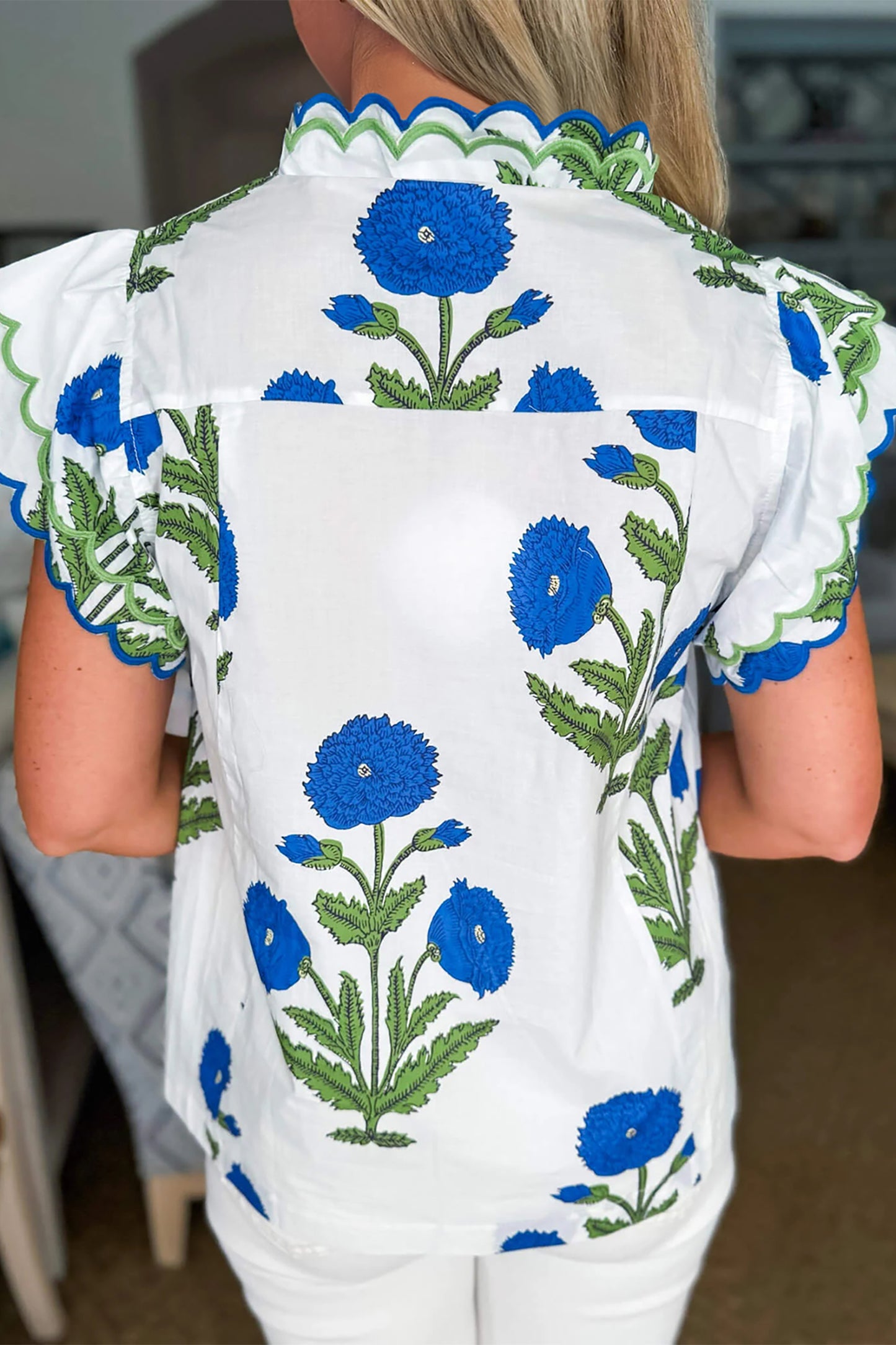 Blue Wild Flower Print Contrast Trim Scallop Detail Short Sleeve Blouse-Tops/Blouses & Shirts-[Adult]-[Female]-2022 Online Blue Zone Planet