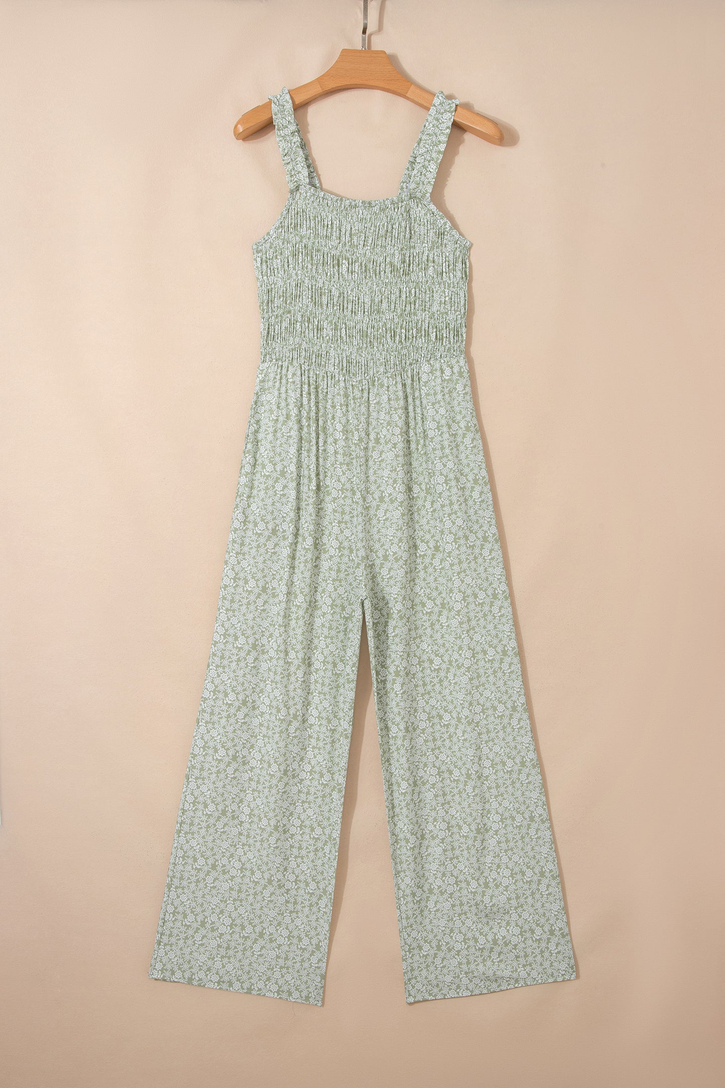 Green Smocked Bodice Square Neck Sleeveless Floral Jumpsuit-Bottoms/Jumpsuits & Rompers-[Adult]-[Female]-2022 Online Blue Zone Planet