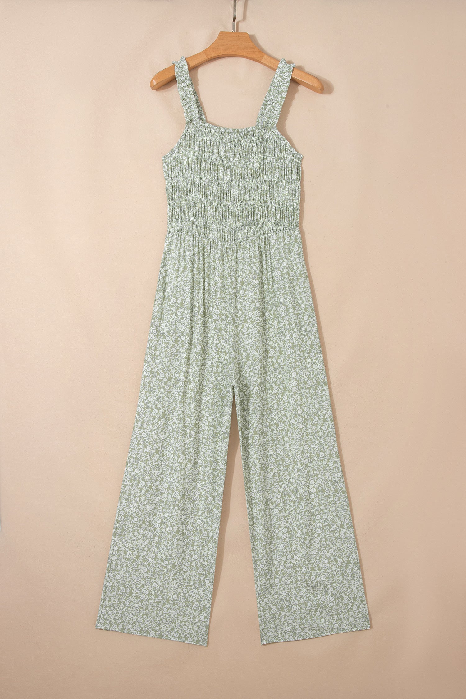 Green Smocked Bodice Square Neck Sleeveless Floral Jumpsuit-Bottoms/Jumpsuits & Rompers-[Adult]-[Female]-2022 Online Blue Zone Planet