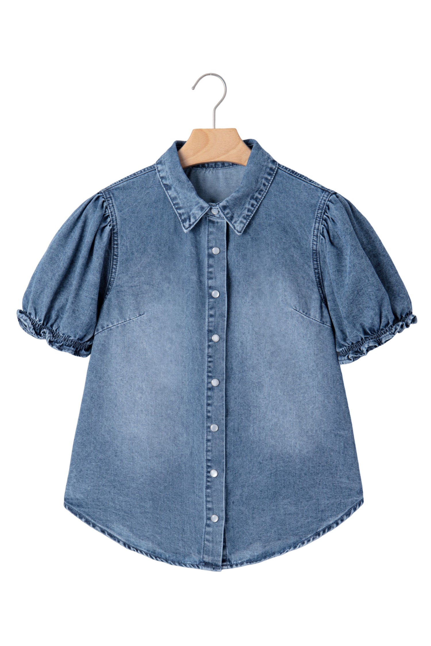 Beau Blue Frilled Short Sleeve Snap Button Denim Shirt-Tops/Blouses & Shirts-[Adult]-[Female]-2022 Online Blue Zone Planet