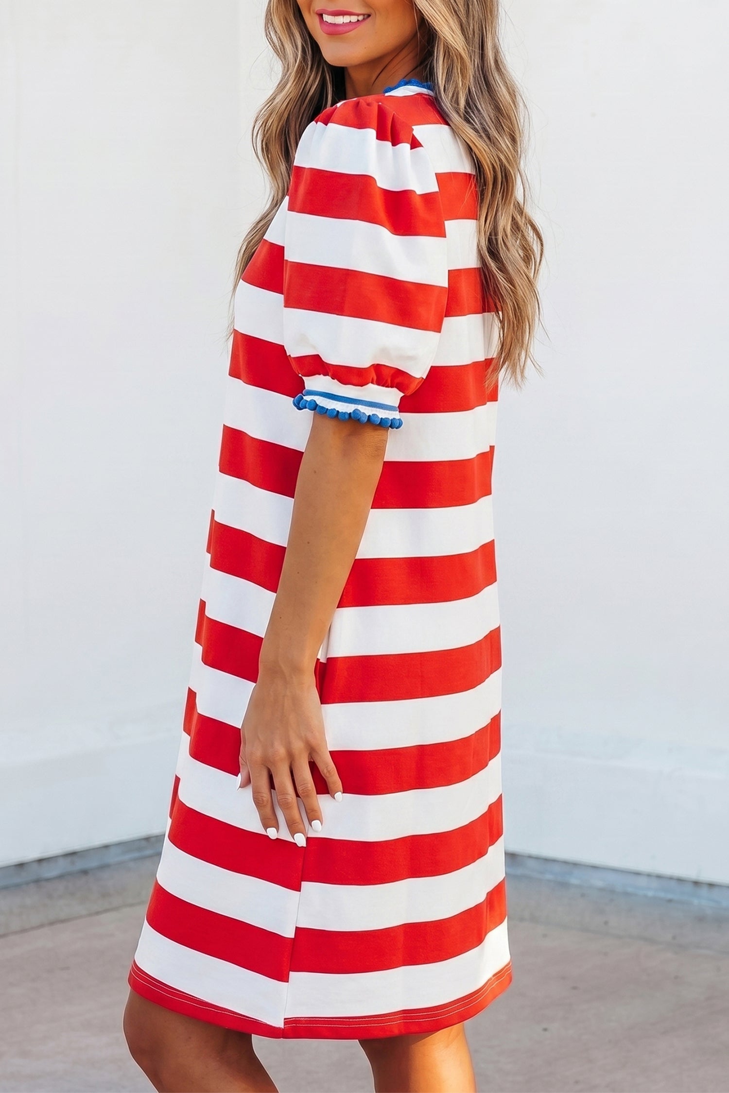 Blue Stripe Contrast Trim Round Neck Short Puff Sleeve Shift Mini Dress-TOPS / DRESSES-[Adult]-[Female]-2022 Online Blue Zone Planet