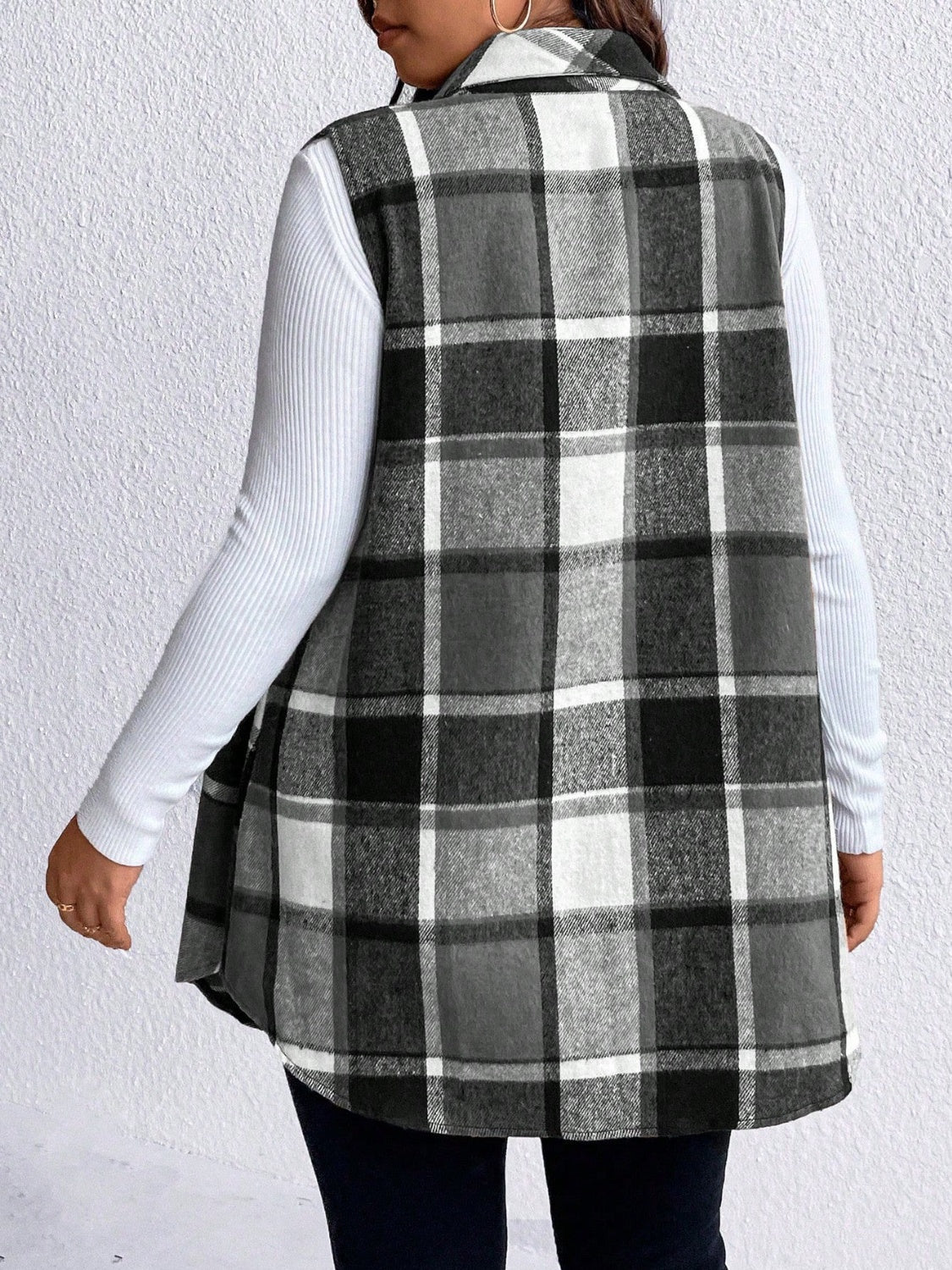 Honey Plus Size Pocketed Plaid Button Up Vest Coat-TOPS / DRESSES-[Adult]-[Female]-2022 Online Blue Zone Planet