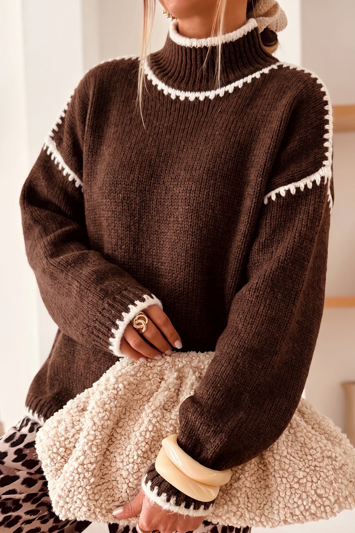 Dark Khaki Contrast Trim Mock Neck Drop Shoulder Relaxed Sweater