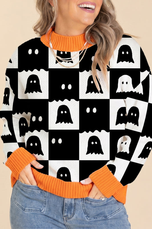 Black High Neck Drop Shoulder Geometric Print Sweater-Sweaters & Cardigans/Sweaters-[Adult]-[Female]-2022 Online Blue Zone Planet