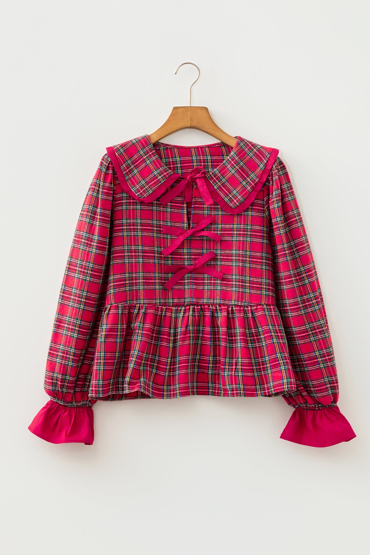 Red Plaid Tie Neck Ruffle Cuffs Long Sleeve Shift Blouse-Tops/Blouses & Shirts-[Adult]-[Female]-2022 Online Blue Zone Planet