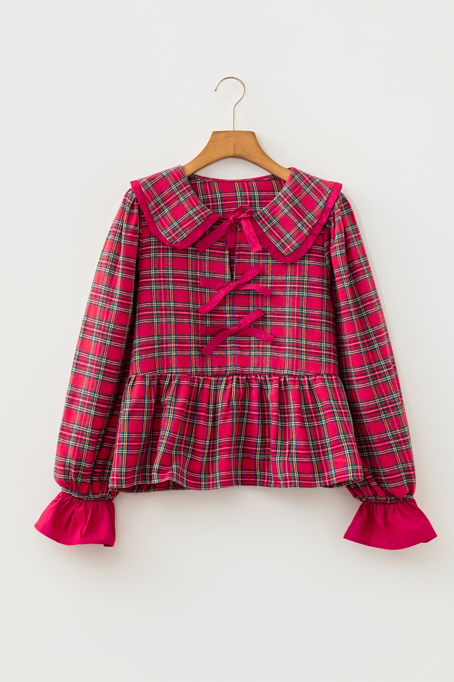 Red Plaid Tie Neck Ruffle Cuffs Long Sleeve Shift Blouse-Tops/Blouses & Shirts-[Adult]-[Female]-2022 Online Blue Zone Planet