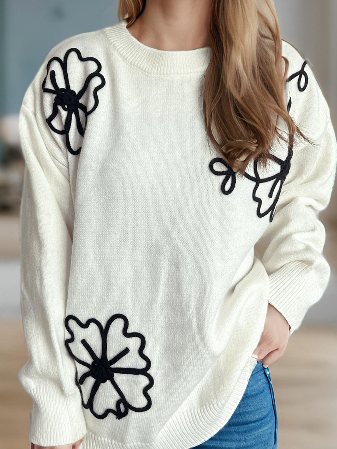 Flower Round Neck Long Sleeve Sweater-TOPS / DRESSES-[Adult]-[Female]-White-One Size-2022 Online Blue Zone Planet