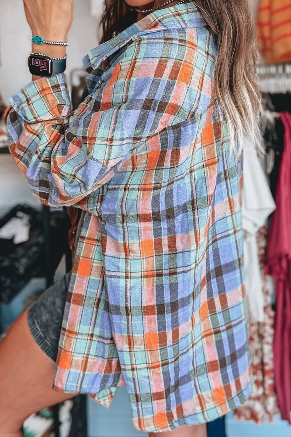 Plaid Collared Neck Long Sleeve Shirt-TOPS / DRESSES-[Adult]-[Female]-2022 Online Blue Zone Planet