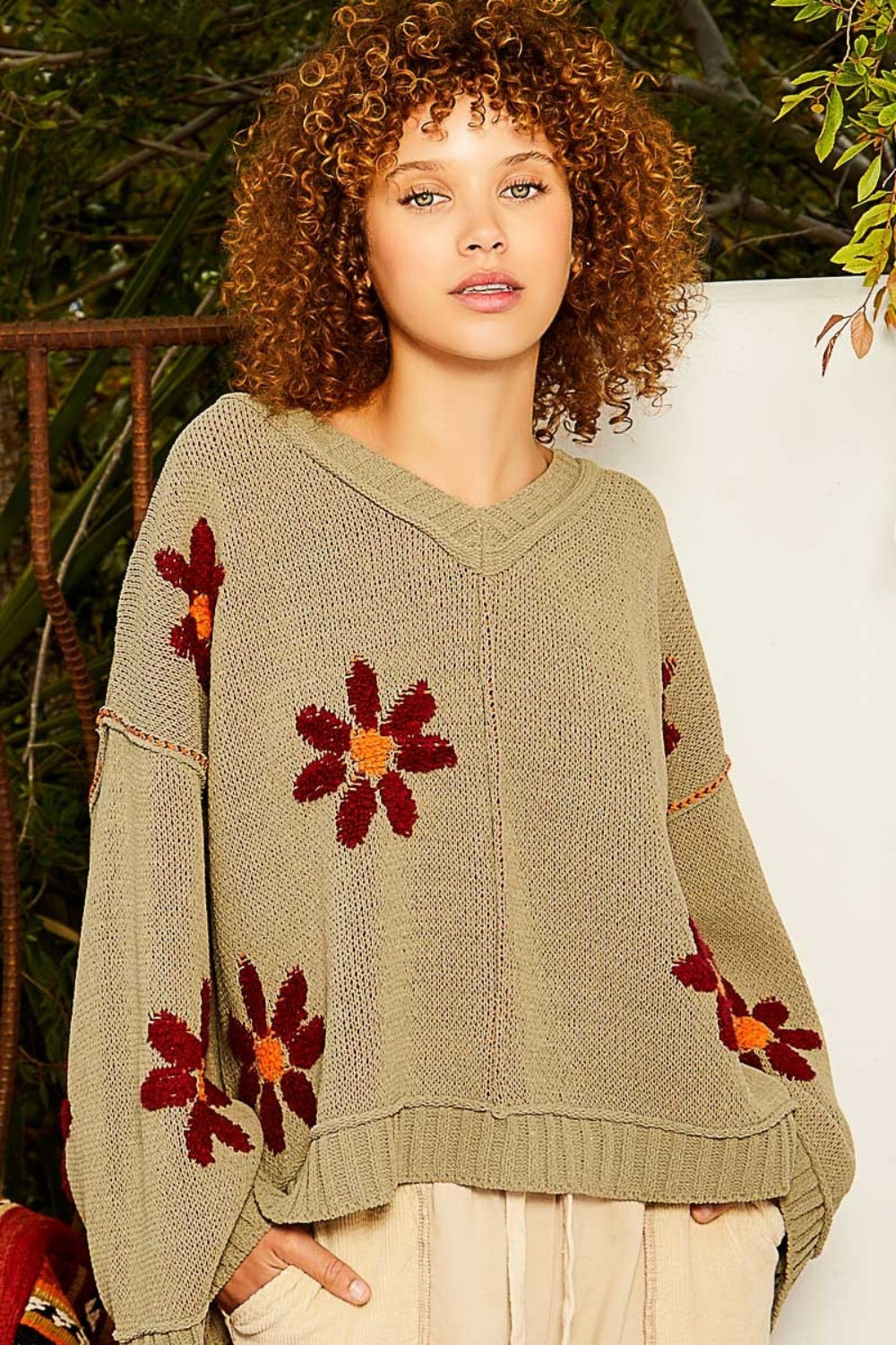 POL V-Neck Floral Pattern Chenille Sweater-TOPS / DRESSES-[Adult]-[Female]-Olive-S-2022 Online Blue Zone Planet