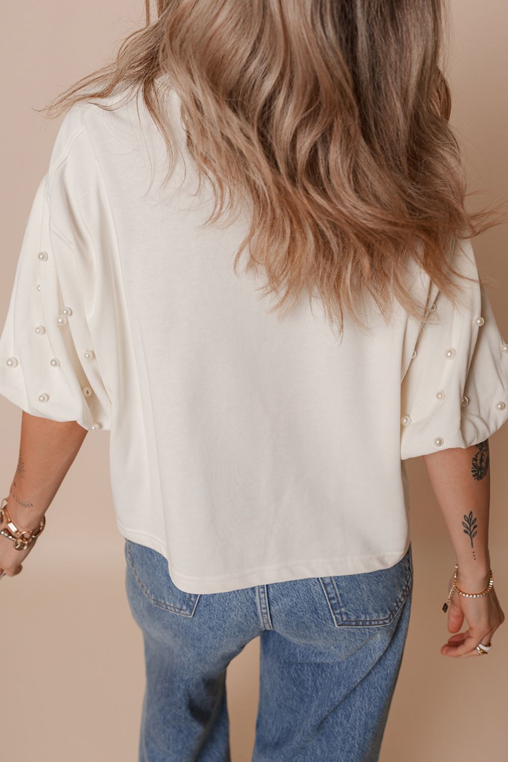 Pearl Detail Round Neck Half Sleeve Blouse-TOPS / DRESSES-[Adult]-[Female]-2022 Online Blue Zone Planet