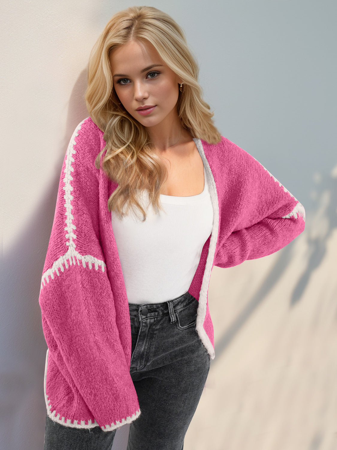 Double Take Contrast Open Front Dropped Shoulder Cardigan-TOPS / DRESSES-[Adult]-[Female]-Hot Pink-S-2022 Online Blue Zone Planet