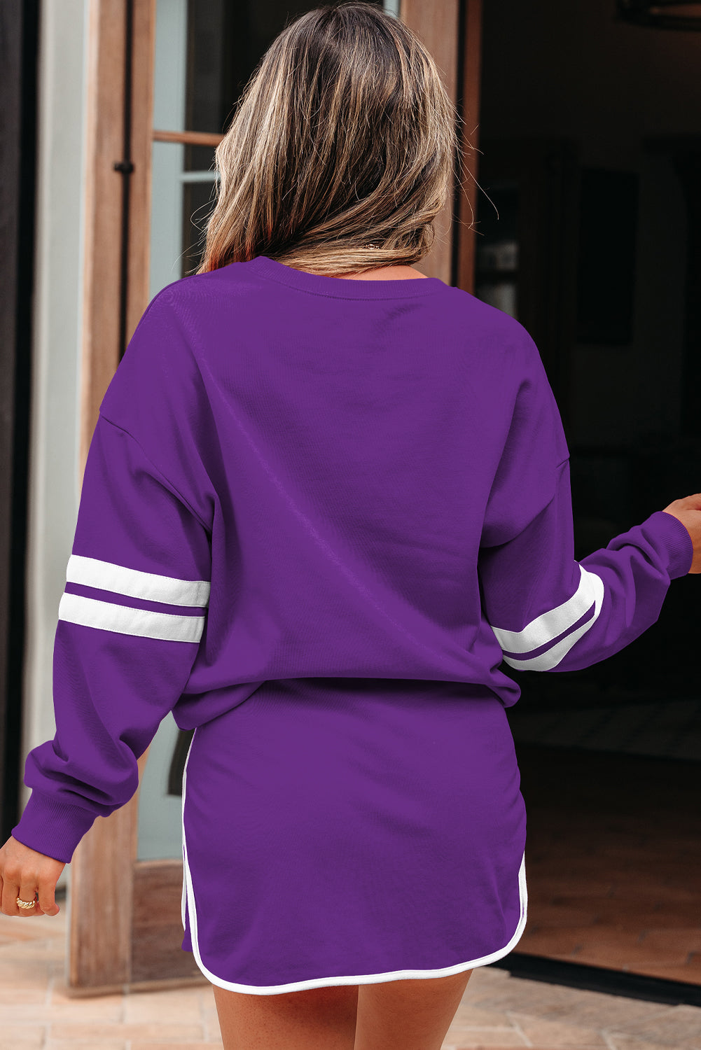Tillandsia Purple Varsity Stripe Detail Drop Shoulder Pullover Mini Skirt Set-Two Piece Sets/Two Piece Dresses-[Adult]-[Female]-2022 Online Blue Zone Planet