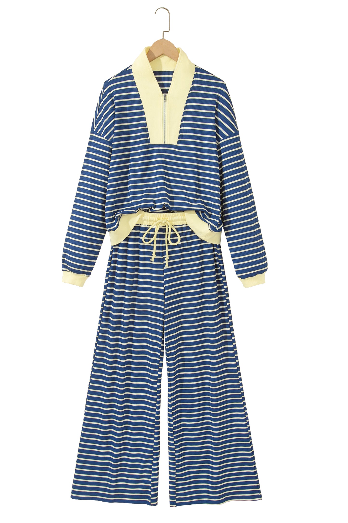 Blue Stripe Color Block Patchwork Zip V Neck Pullover Loose Pants 2pcs Set-Two Piece Sets/Pant Sets-[Adult]-[Female]-2022 Online Blue Zone Planet