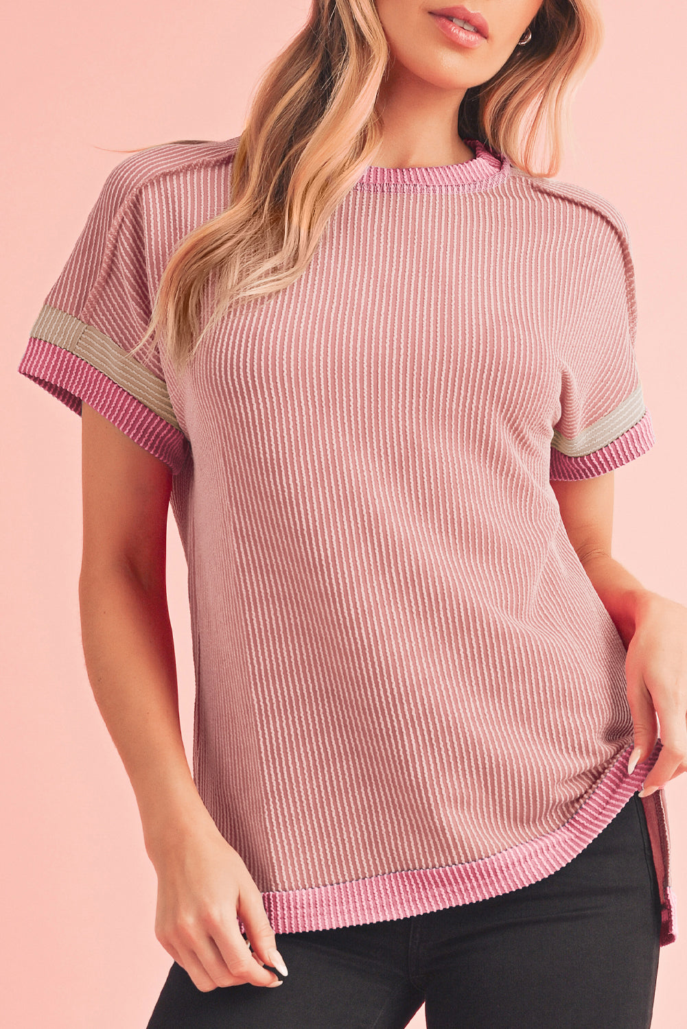 Sky Blue Textured Colorblock Round Neck T Shirt-T Shirts-[Adult]-[Female]-Light Pink-L-2022 Online Blue Zone Planet