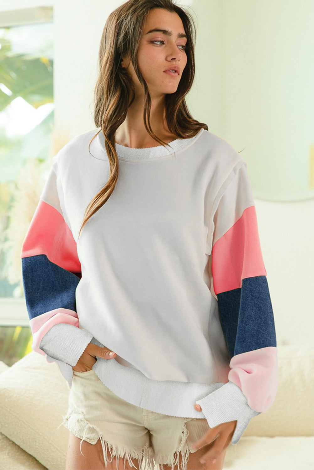 Blue Zone Planet | White French Terry Color Block Long Sleeve Top-Tops/Long Sleeve Tops-[Adult]-[Female]-2022 Online Blue Zone Planet