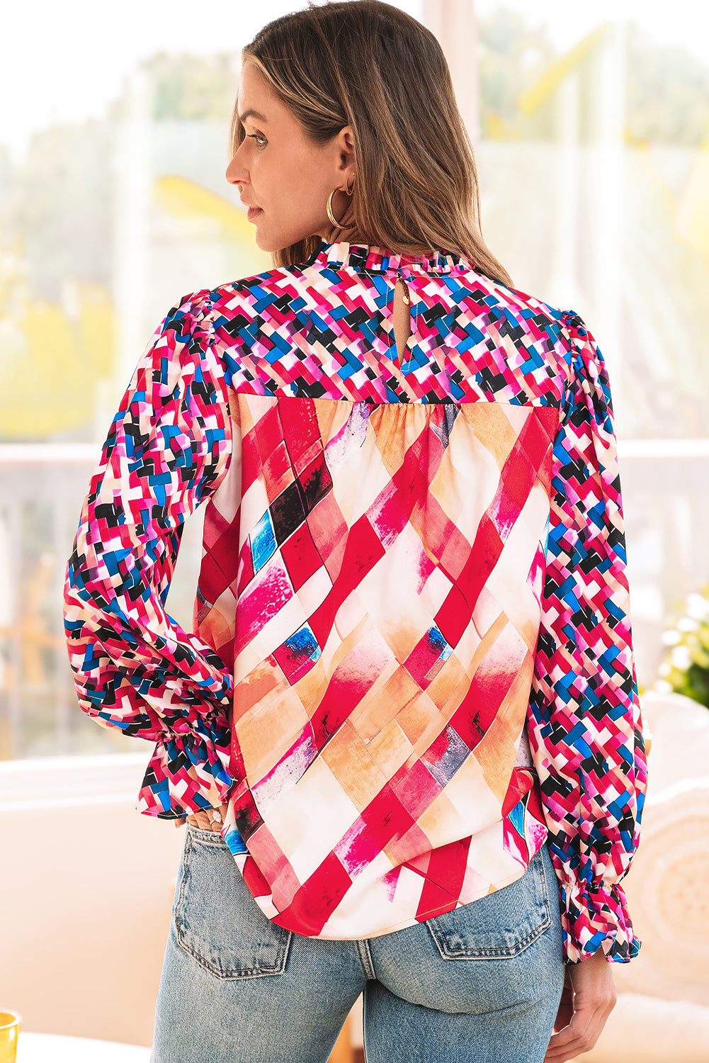Rose Red Abstract Geometric Pattern Patchwork Puff Sleeve Blouse-Tops/Blouses & Shirts-[Adult]-[Female]-2022 Online Blue Zone Planet